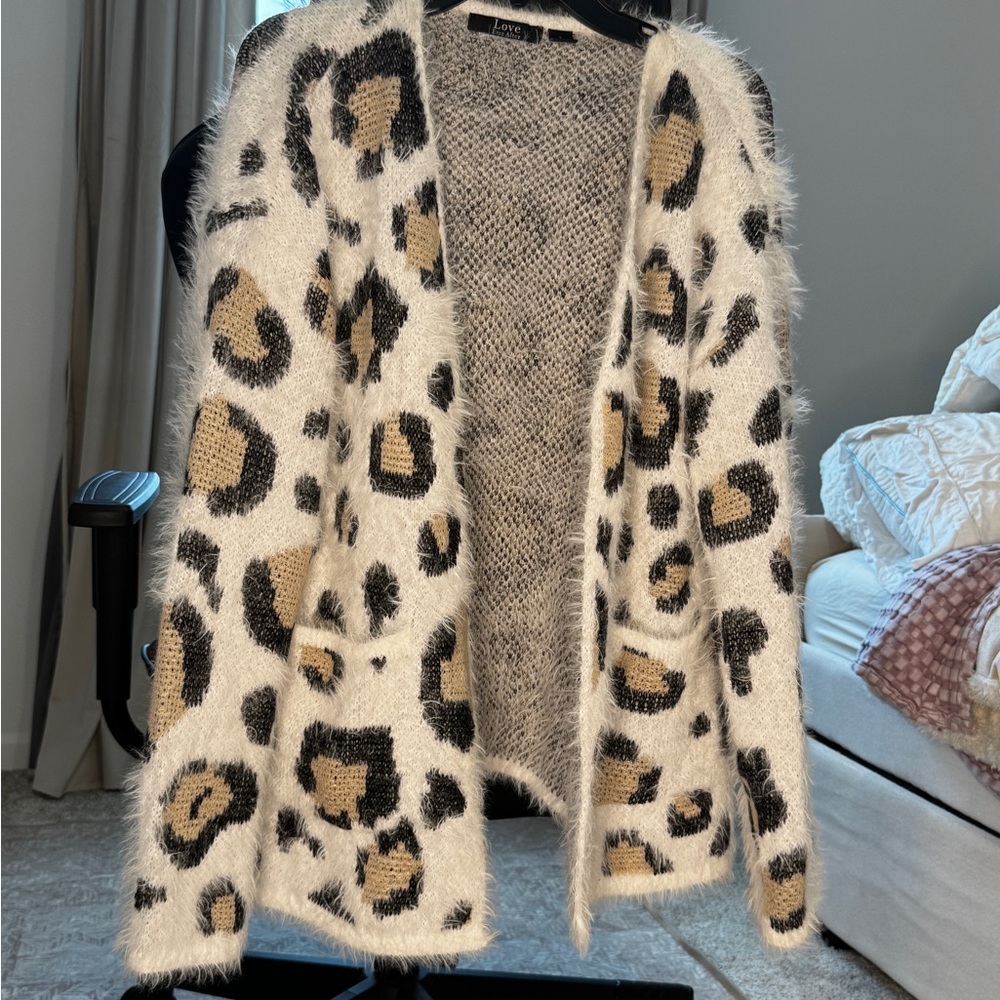 Leopard Print Fuzzy Open-Front Sweater